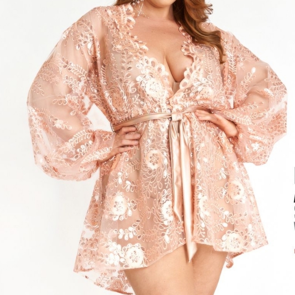 Pink Lace Robe with Ruffle Sleeves